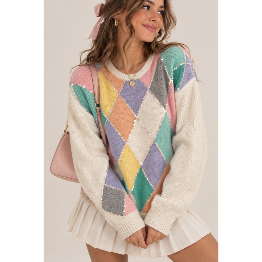 Vntg Kitty Hawk x Vivian Wang | Pastel Argyle Preppy Sequin Wool Blend Sweater M
